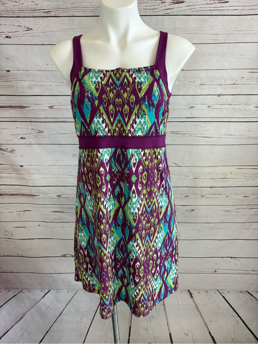SOYBU Active Sports Dress Purple Ikat Racerback Knee Length Stretch Size Large
